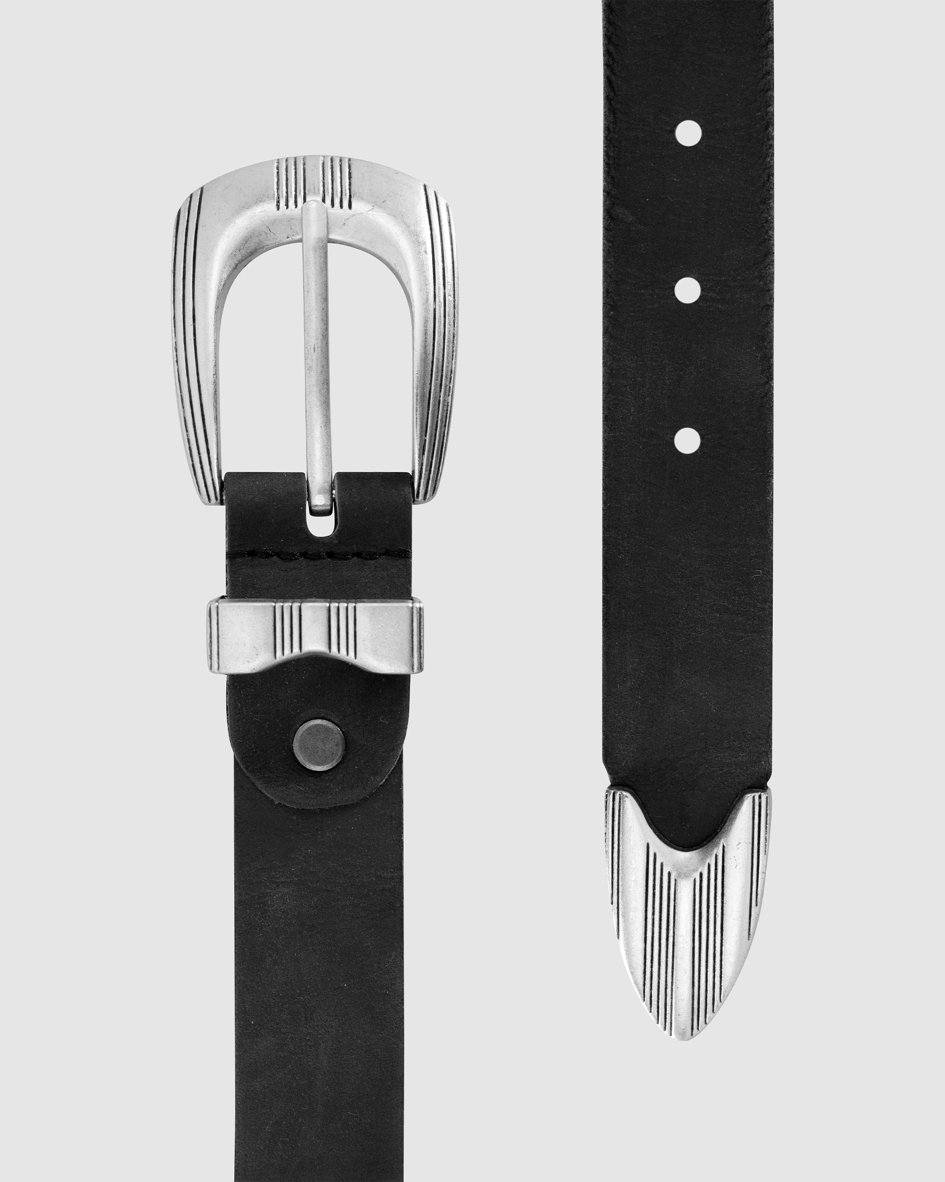 Cinturón Western cuero negro con hebilla metálica vintage | Accesorios MONOIC Studios