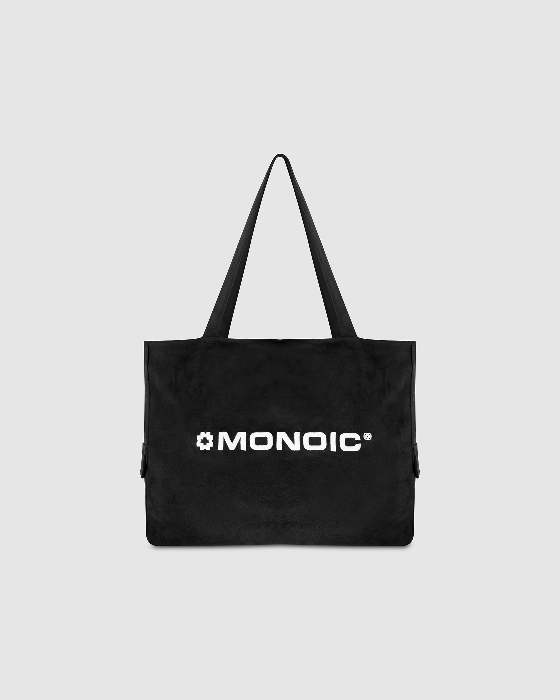 Tote Bag gamuza negra con compartimento para laptop y logo bordado | Bolsos MONOIC Studios