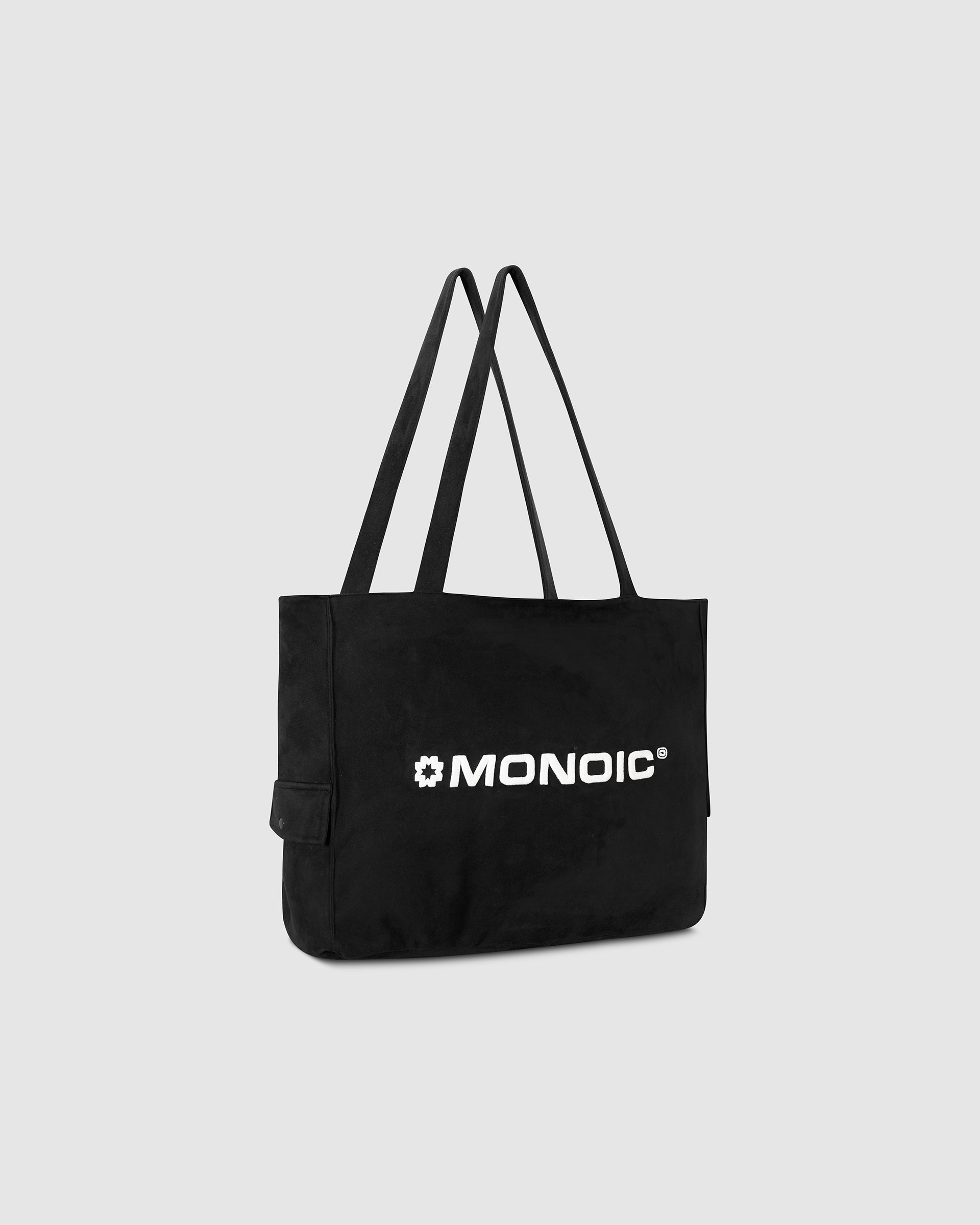 Tote Bag gamuza negra con compartimento para laptop y logo bordado | Bolsos MONOIC Studios