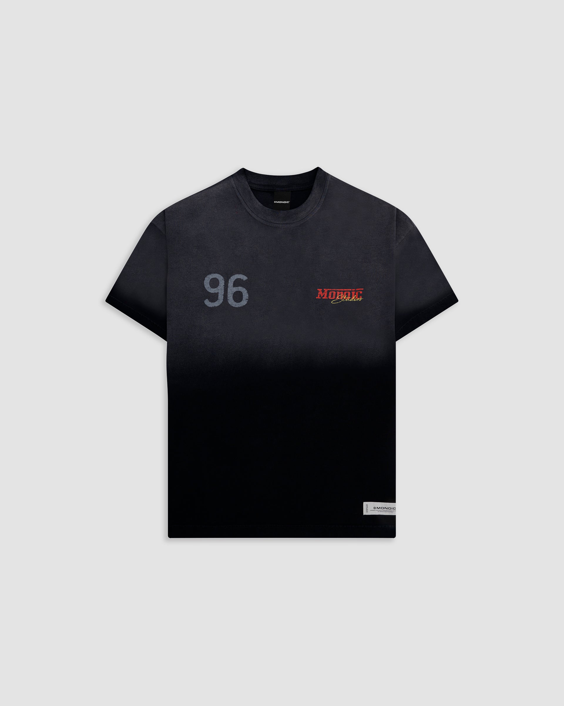 Camiseta Oversized Fit Monza negro desgastado con efecto Degrade y estampados vintage en espalda y pecho |  MONOIC