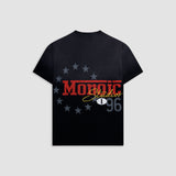 Camiseta Oversized Fit Monza negro desgastado con efecto Degrade y estampados vintage en espalda y pecho |  MONOIC