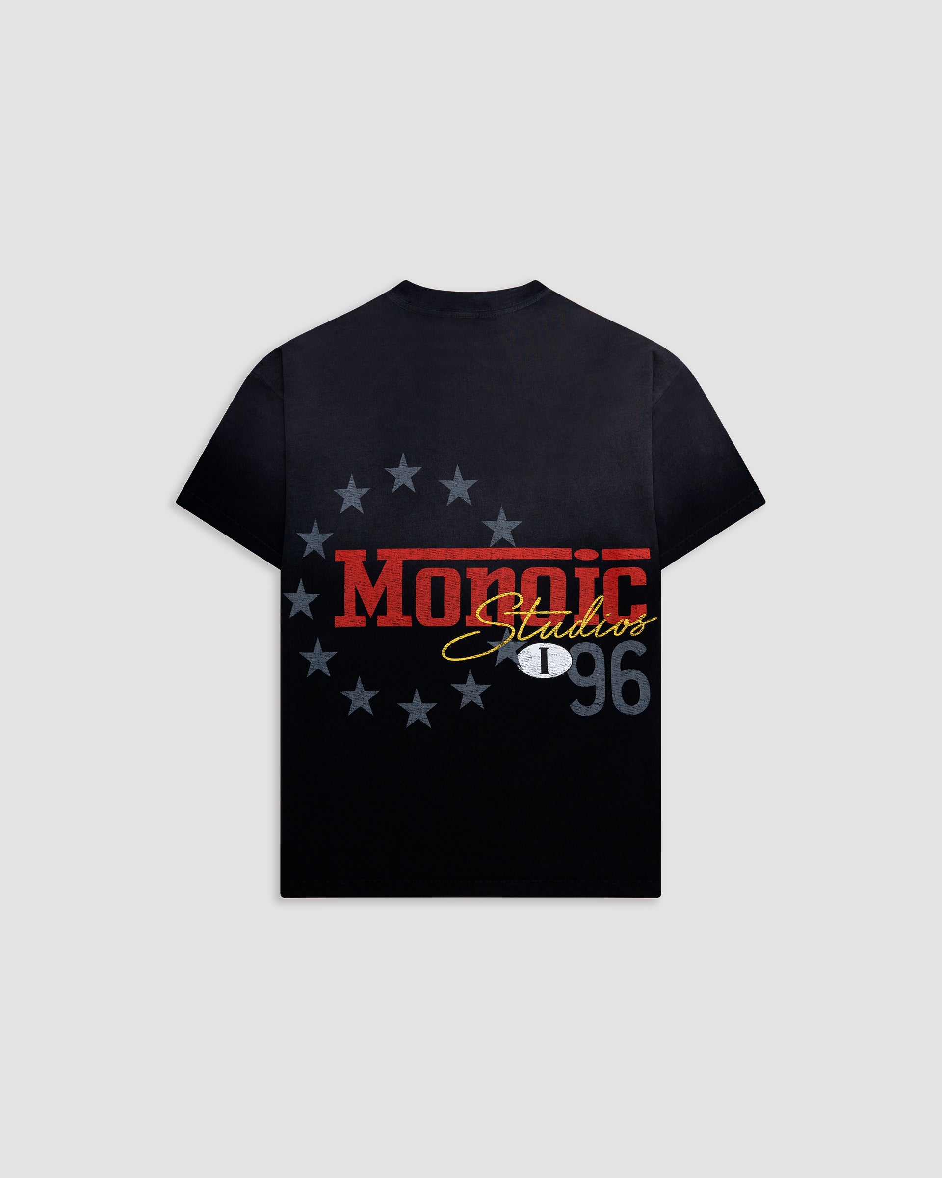 Camiseta Oversized Fit Monza negro desgastado con efecto Degrade y estampados vintage en espalda y pecho |  MONOIC