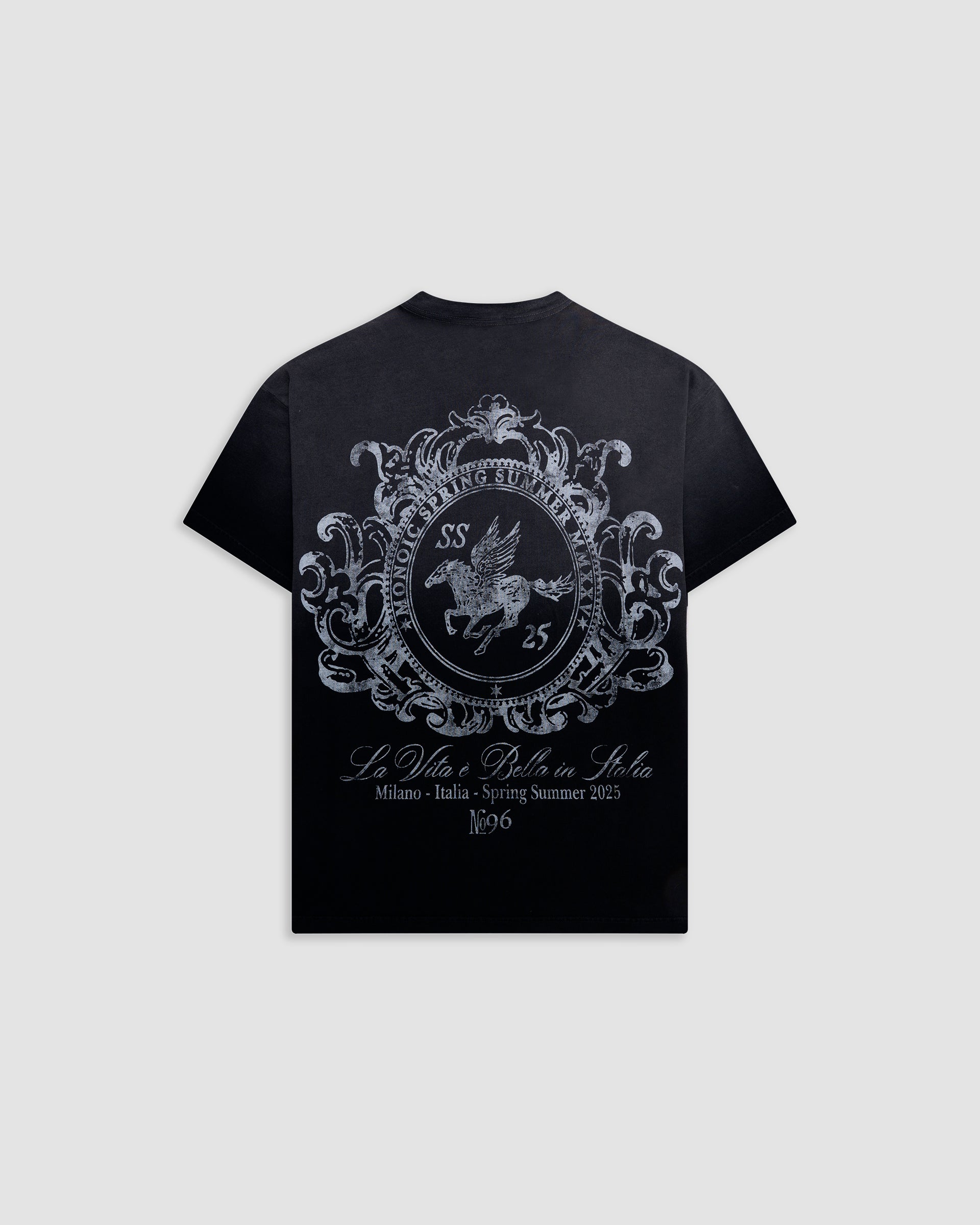 Camiseta Oversized Cavallo negro desgastado con estampados en corrosión en espalda y pecho | MONOIC