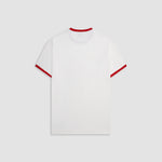 Camiseta Tutto Bene Ringer Fit blanco hueso con cuello y mangas rojas y estampado milano desgastado | MONOIC