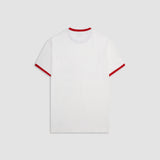 Camiseta Tutto Bene Ringer Fit blanco hueso con cuello y mangas rojas y estampado milano desgastado | MONOIC