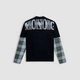 Camiseta negra oversized con doble manga en cuadros verdes y blancos con un bordado trasero en la parte superior | Camisetas MONOIC