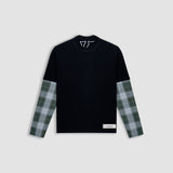 Camiseta negra oversized con doble manga en cuadros verdes y blancos con un bordado trasero en la parte superior | Camisetas MONOIC 