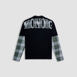 Camiseta negra oversized con doble manga en cuadros verdes y blancos con un bordado trasero en la parte superior | Camisetas MONOIC 